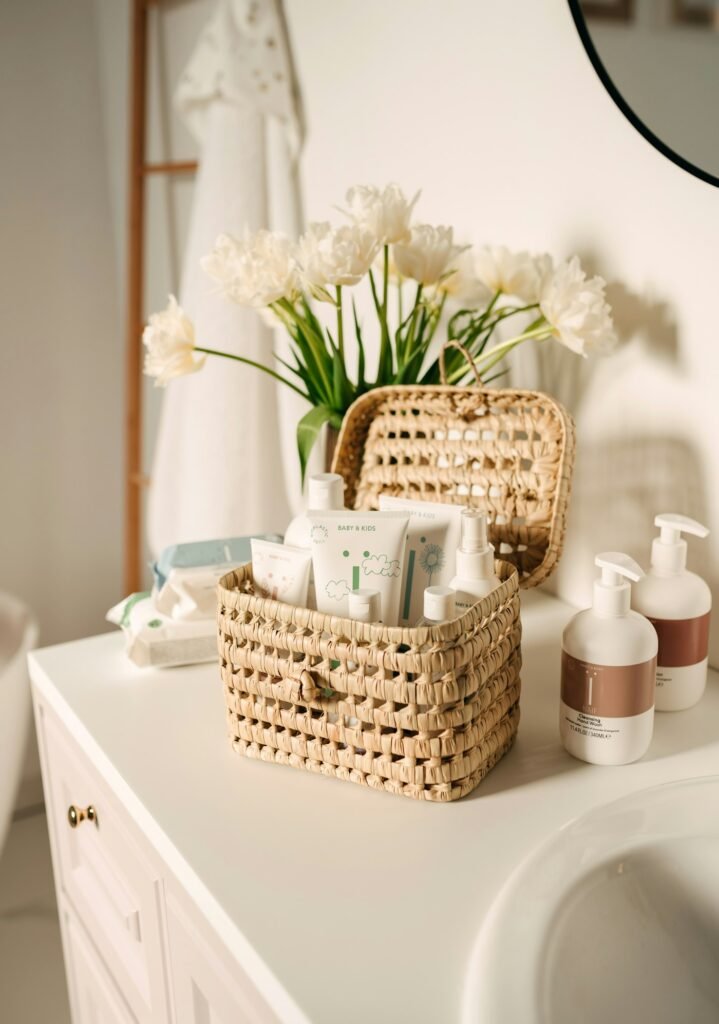 Woven basket holding toiletries on a white bathroom counter