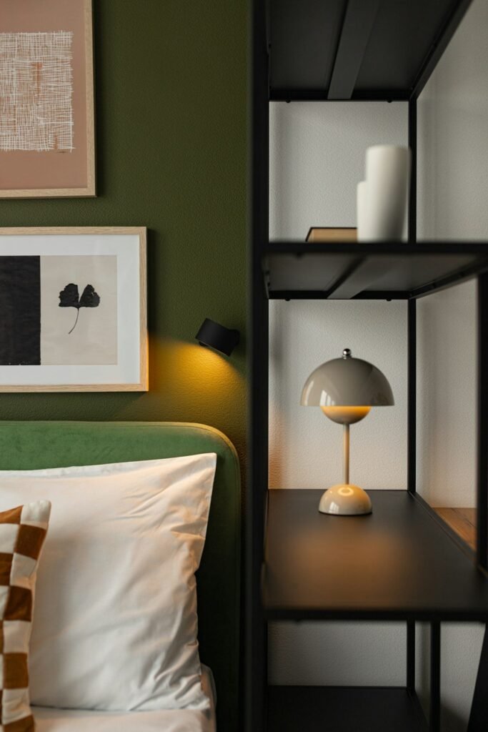 Bedside with a green headboard, lamp and narrow open shelving