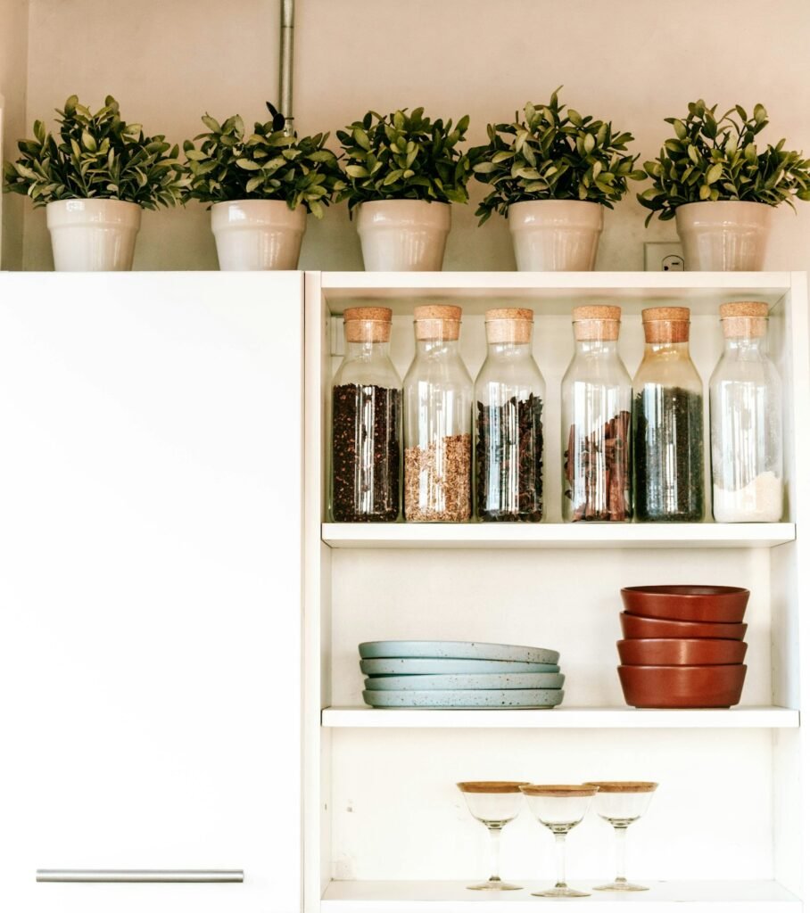 Open kitchen cabinet with clear glass jars, stacked bowls and plants on top