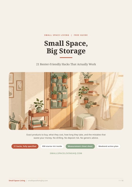 Cover of the free guide Small Space, Big Storage: 21 renter-friendly hacks that actually work
